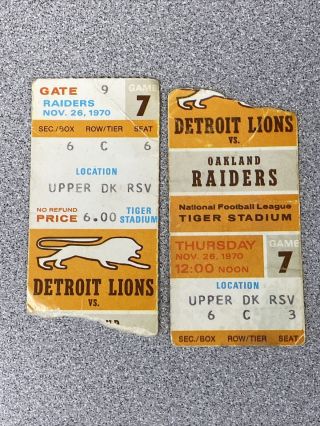 2 - 1970 Thanksgiving Day Game Raiders Detroit Lions Nfl Football Ticket Stubs