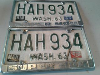 2 Vintage 1963 Washington State License Plates Set - Pair Hah 934 W/metal Frames