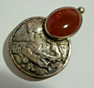 Interesting Vintage 1970 Hallmarked London Silver And Agate Set Brooch