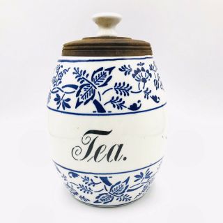 Vintage Germany G.  M.  T.  & Bro Blue Onion Canister Tea Wood Lid China Porcelain