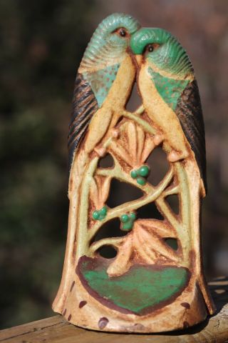 Antique Art Deco Hand Painted Cast Iron Figural Love Birds Door Stop