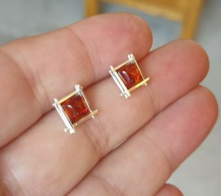 Vintage Art Deco Jewellery Real Amber Cabochon Sterling Silver Pushback Earrings