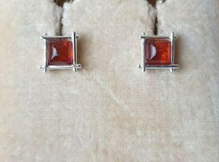 VINTAGE ART DECO JEWELLERY REAL AMBER CABOCHON STERLING SILVER PUSHBACK EARRINGS 2