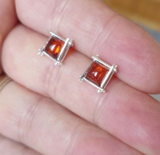 VINTAGE ART DECO JEWELLERY REAL AMBER CABOCHON STERLING SILVER PUSHBACK EARRINGS 3