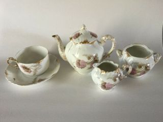Antique Limoges France Porcelain Teapot Creamer Sugar Cup & Saucer Tea Set For 1