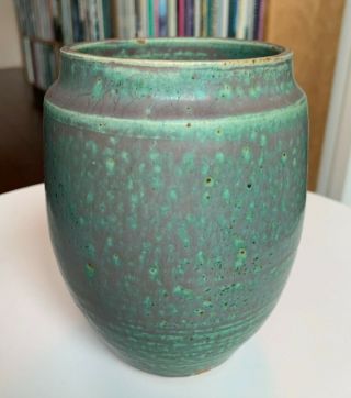 Vintage Studio Art Pottery Jar Vase Green Gray Glaze Signed