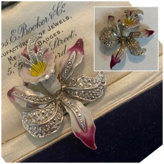 Vintage Jewellery Enamel & Marcasite Set Orchid Flower Brooch Pin
