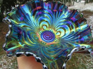 Imperial Scroll Embossed Antique Carnival Glass Mid - Sized Ruffled Bowl Purple