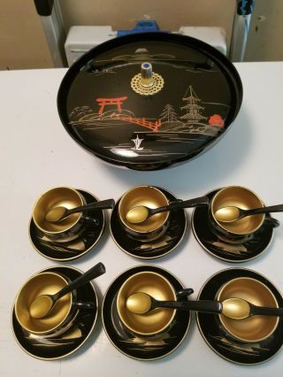 Vintage Black Lacquer Japanese Tea Set With Musical Box