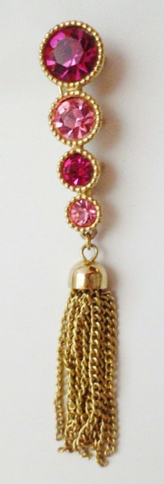 Pretty Vintage Sarah Coventry Pink Rhinestone Pin Brooch W/gold Tone Tassels