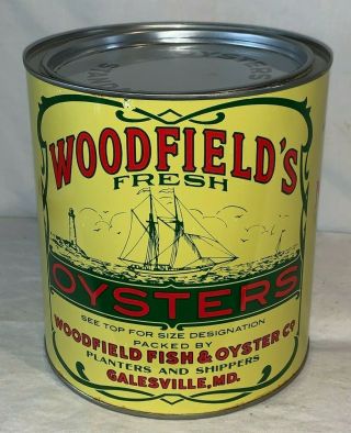 ANTIQUE WOODFIELD ' S OYSTERS TIN LITHO 1GAL SEAFOOD CAN GALESVILLE MD SAILBOAT 3