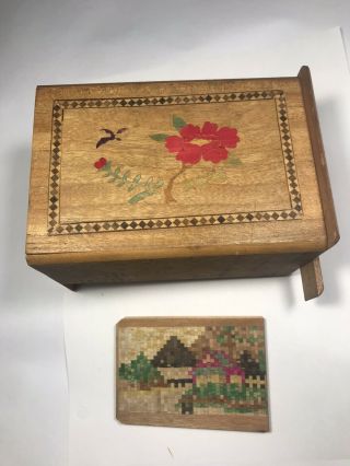 Vintage Old Japanese Wood Puzzle Box Japan Home Garden Scene,  Floral