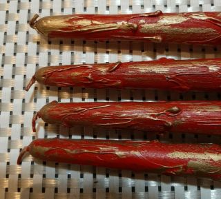 Set of 4 Vintage Faux Red / Gold Drip Wood Candles Tapers Decorative Display 12” 2