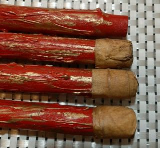 Set of 4 Vintage Faux Red / Gold Drip Wood Candles Tapers Decorative Display 12” 3