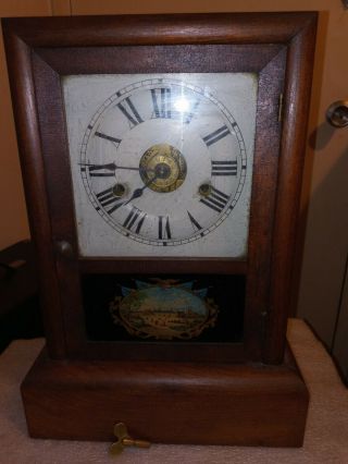 Antique Seth Thomas 30 Hr Spring Shelf/mantle Chime Clock W/key Reverse Painting