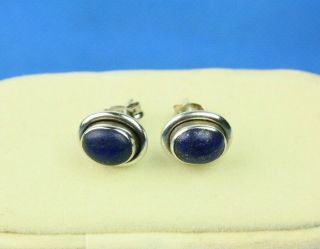 Vintage Pair 925 Silver & Blue Lapis Lazuli Cabochon Stud Earrings Pierced Ears