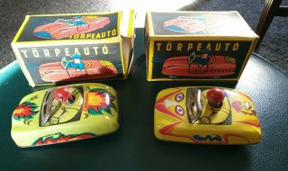 2 Vintage Different Torpeauto Tin Toy Race Cars With Boxes
