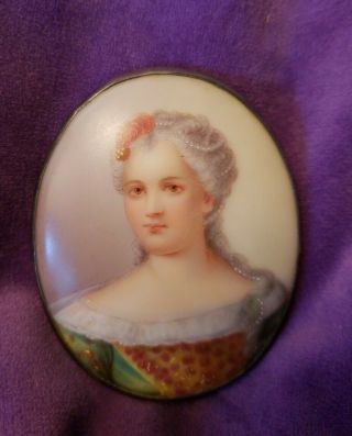 Antique Victorian Hand Painted Porcelain Portrait Lady Brooch Pinsterling Silver