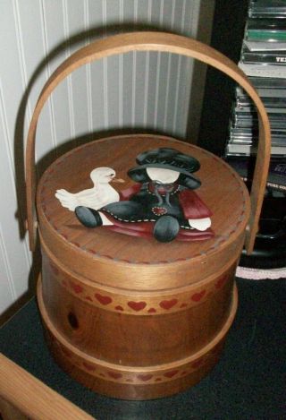 Vintage Hand Painted Wood Firkin Sugar Bucket Country Hearts 5 1/2 " High