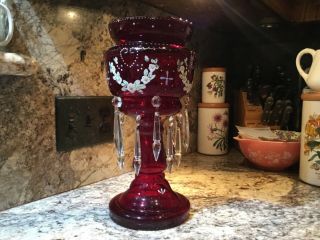 Antique Cranberry Mantle Luster And Prism Art Glass 19th Century
