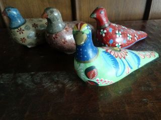 4 Vintage Mexican Tonala Pottery Folk Art Birds Hand Painted Colorful,  Rattle