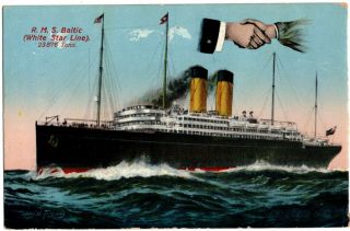 Rms Baltic Postcard Rare Hands Across The Sea Design White Star Line Titanic