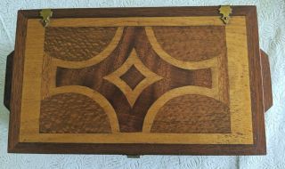 Vintage Hand Made Wood Ornate Inlay Rectangular Trinket Box With Handles