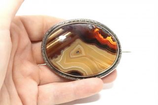 A Huge Heavy Antique Victorian Sterling Silver 925 Oval Agate Brooch 25g 26786