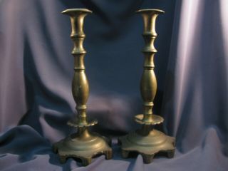 Antique Brass Candlesticks - Pair Two - Solid Heavy - 12 " - Characterful Condtn
