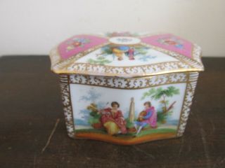 Antique Dresden Germany Hand Painted Trinket Box Pink Romantic Couple Scene