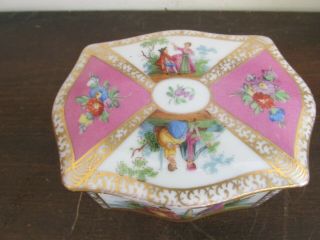 Antique Dresden Germany Hand Painted Trinket Box Pink Romantic Couple Scene 3