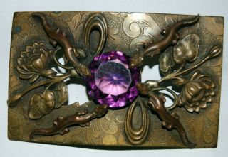 Art Nouveau Floral Themed Purple Amethyst With Lizards Sash Pin - Unmarked