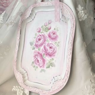 Pink Hanging Tray Hp Roses Hand Painted Shabby Chic Vintage Cottage Rose Art