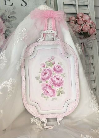 PINK Hanging TRAY HP Roses hand painted Shabby Chic vintage cottage Rose Art 3
