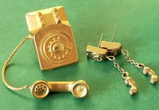 Vintage Jj Gold - Toned Rotary Phone Pin Brooch & Pierced Earring Set - Unique
