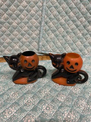 Rosbro Vintage Halloween Hard Plastic Candy Containers Black Cat/pumpkin (2)