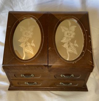 Vintage Wood Jewelry Box Dresser Top 1 Drawer With Etched Rose Glass Door