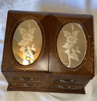 Vintage Wood Jewelry Box Dresser Top 1 Drawer with Etched Rose glass door 2