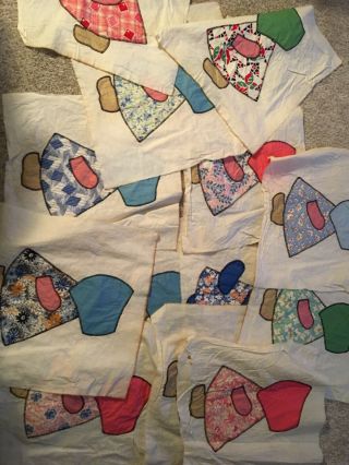 12 Vintage Sunbonnet Sue Appliqued Quilt Blocks Cotton 12 " 4 Parasol Lady 16”