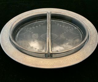 Antique Oval Divided Crystal Vegetable Serving Relish Dish In Sterling Surround