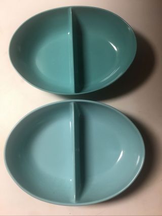 Two Mid Century Vintage Aqua Blue Melamine Melmac Divided Vegetable Bowls