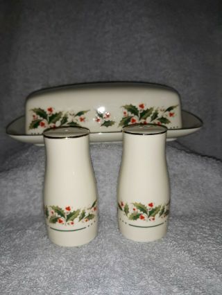 Vintage Christmas Butter Dish & S/p Shakers Set " Holly Yuletide "