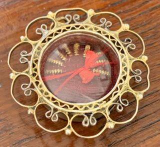 Antique German 800 Silver With Gold Wash Reliquary Pendant 8 Gold Threads Red Ri