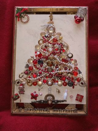Vintage Jewelry Christmas Wall Decor Handmade Christmas Tree Rhinestones 11x14