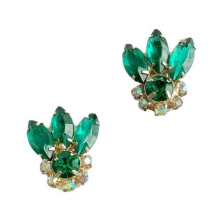 Vintage Emerald Green Marquise Rhinestone Ab Crystal Flower Clip Earrings 956