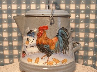 Vintage Enamel Grey Large Coffee Pot Rooster Winter Country Farms Folk Art