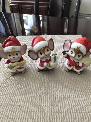 Three Vintage Homco Christmas Mouse Figurines 3.  5” Tall