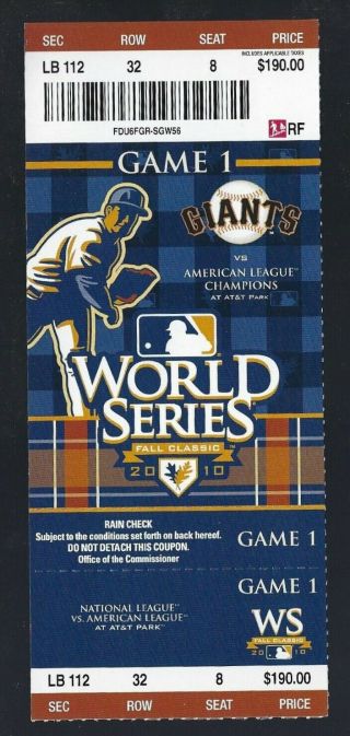 2010 World Series Texas Rangers @ Sf Giants Full Baseball Ticket Game 1