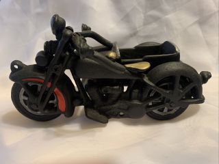 Vintage Cast Iron Motorcycle With Sidecar Black 8” Heavy