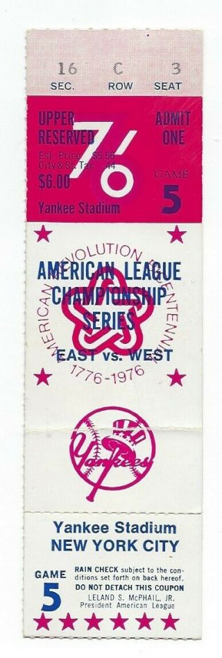 1976 Alcs Ticket Stub York Yankees Game 5 Chris Chambliss Home Run